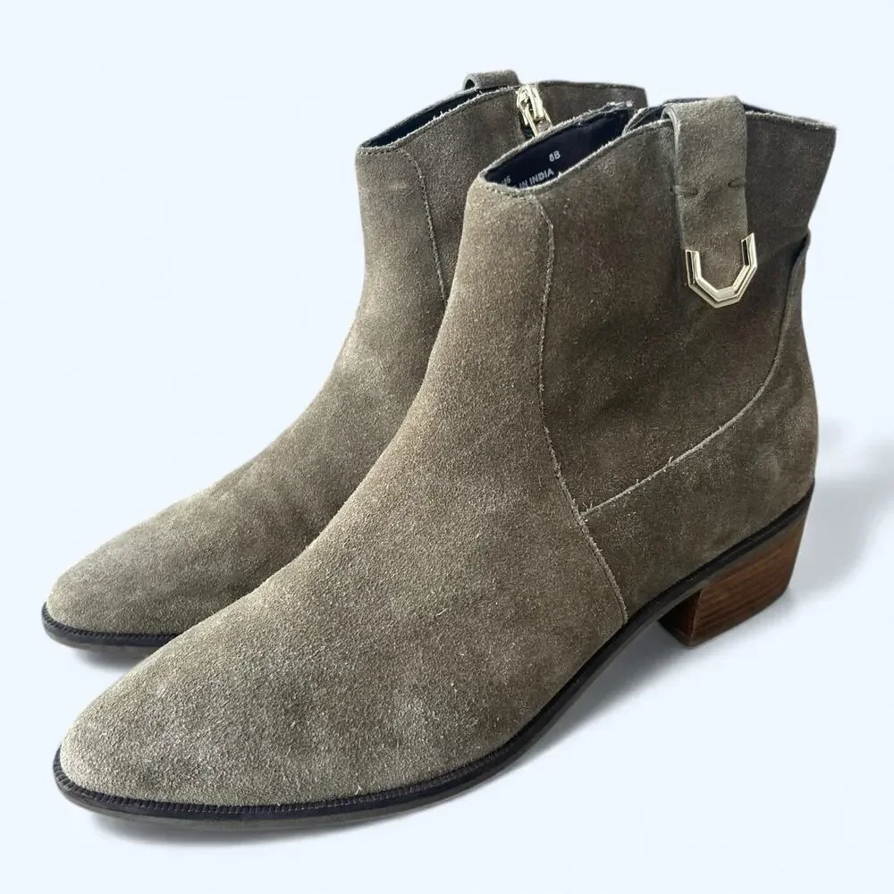 Cole Haan Maci Suede Ankle Boots Olive Green Block Heel Womens 8 Chic Minimalist